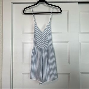 Francesca’s Blue and White Romper With Criss Cross Back